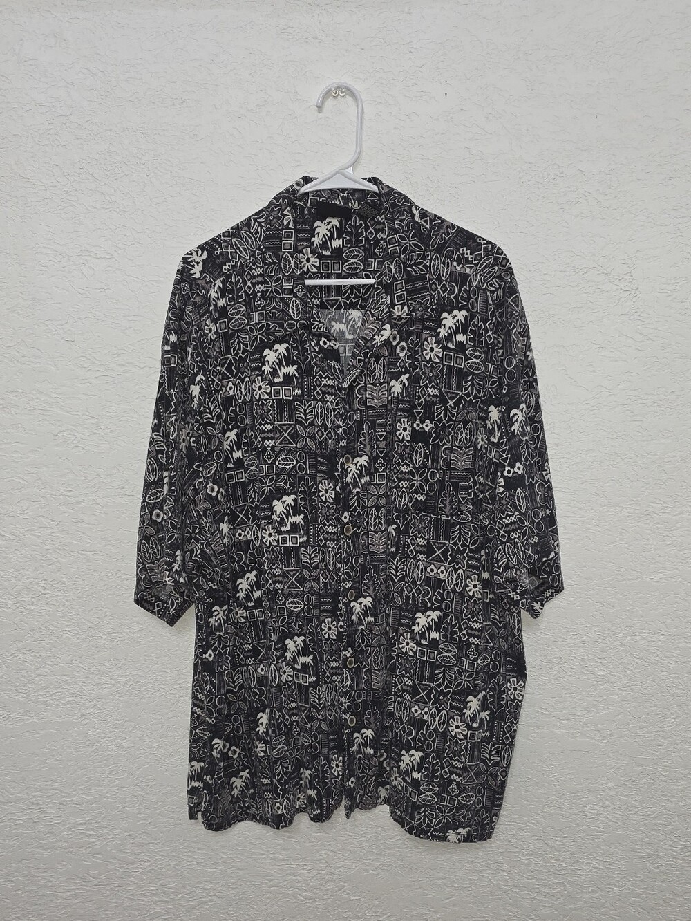 OP Black and White Tropical Print Casual Button-Down Shirt